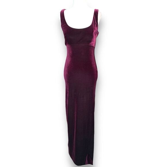 Vintage 90s Maxi Dress Burgundy Velvet Gown Criss-Cross Open Back Column Prom - Picture 2 of 14